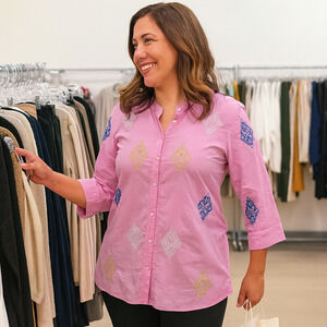 J.Jill Tunic Blouse XLARGE Embroidered Cotton Button Front Pink 3/4 Sleeve Boho